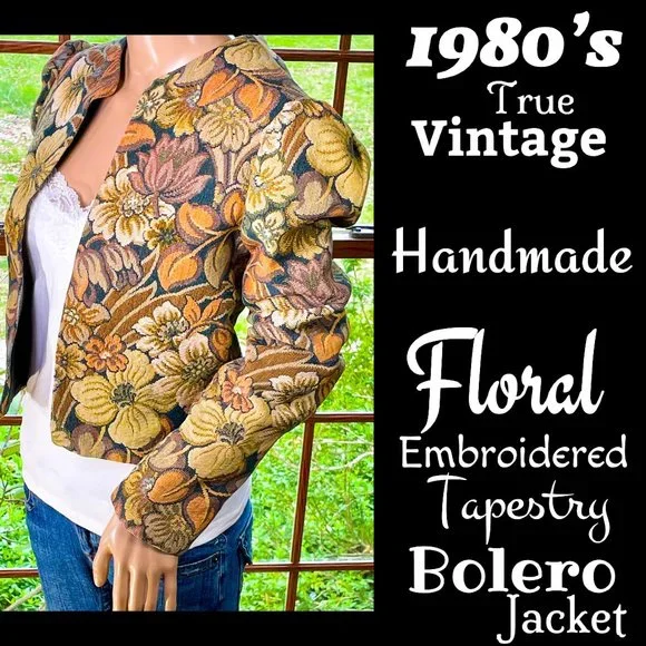 ▪️VTG▪️HANDMADE▪️1980's Floral Embroidered Tapestry Bolero Jacket - Picture 1 of 5